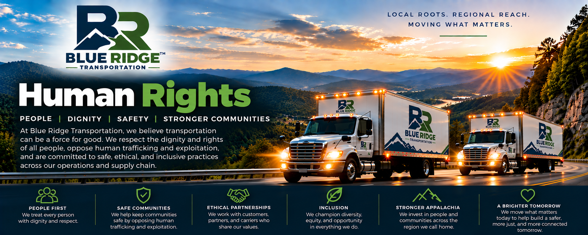 Blue Ridge Transportation truck on a mountain highway at sunrise.